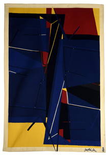 Richard MORTENSEN (1910-1993): Richard MORTENSEN (1910-1993) COMPOSITION BLEU NOIR JAUNE ROUGE BLANC, 1959Tapisserie d’Aubusson signée en bas à droite, titrée au dos avec mention par Tabard Frères et sÅ“urs Ã