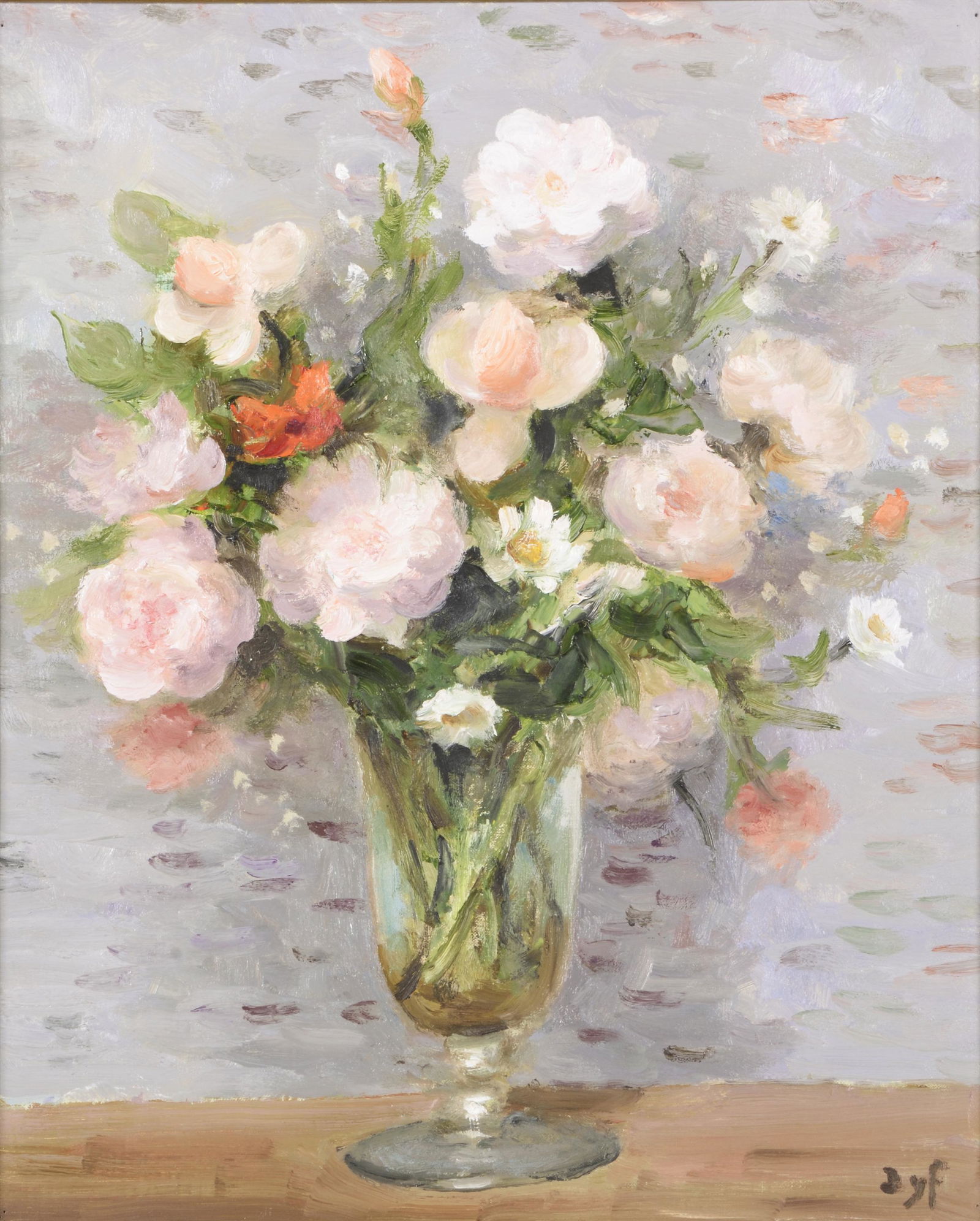 Marcel DYF (1899-1985): Marcel DYF (1899-1985) Roses blanches et roses dans un verre de mariee, 1984 Oil on canvas, signed lower right, titled on the reverse 45,7 x 38,1 cm // 18 x 15 in Registered in the Dyf archives under