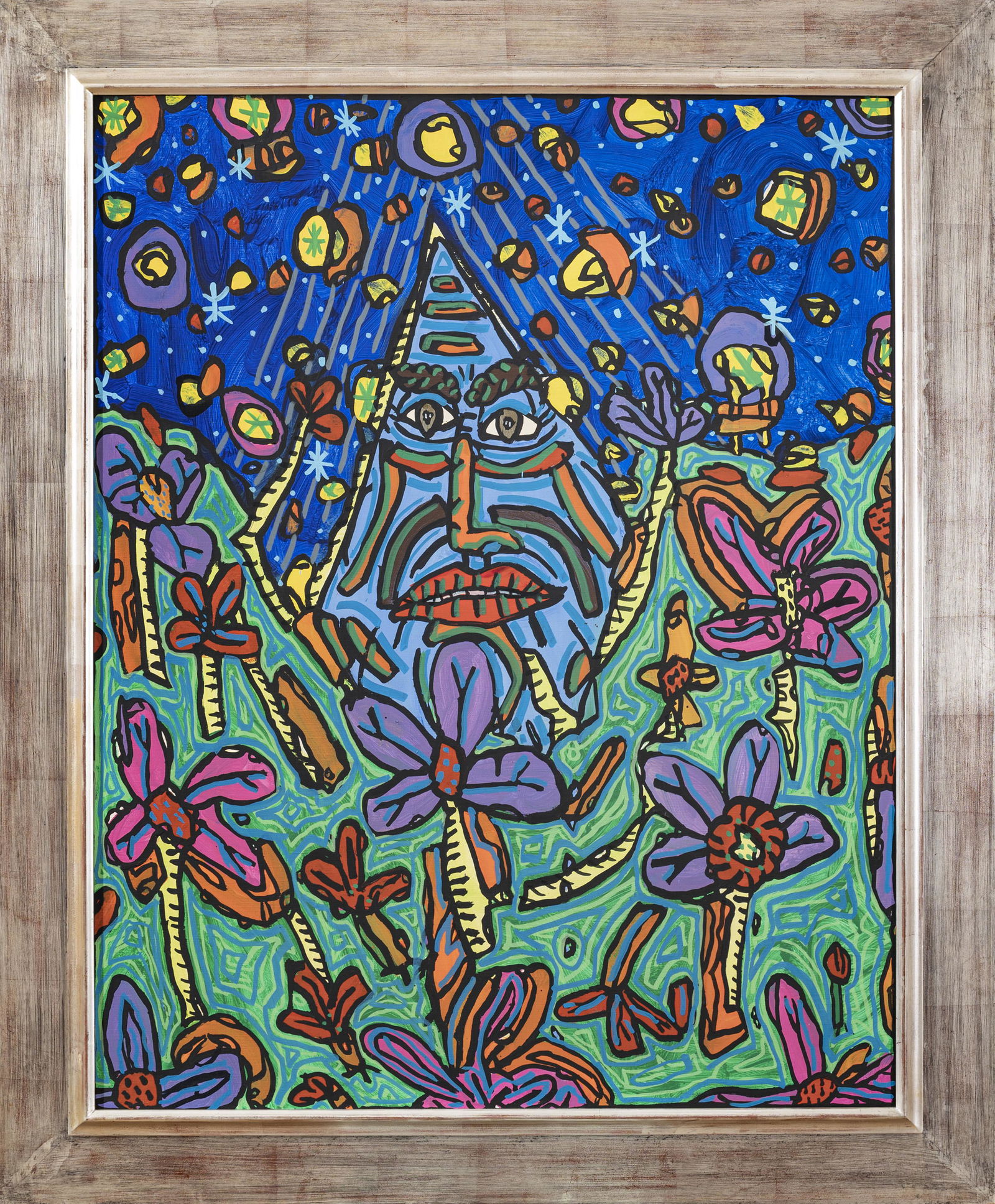 Robert COMBAS (ne en 1957): Robert COMBAS (ne en 1957) Triangle fleur a tete attentive attendant le passage du pere Noel. Il essaye de se brancher la tete avec saint Nicolas (qui est en fait le vrai nom du pere Noel). Il attend