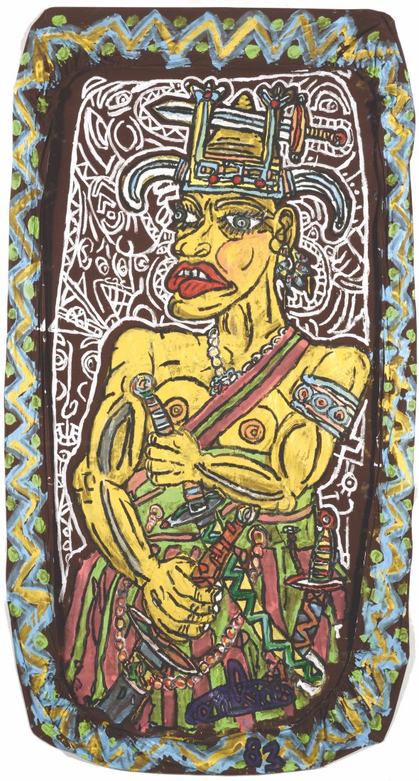 Robert COMBAS (born in 1957): Robert COMBAS (born in 1957) GuerriÃ¨re amazone avec ses couteaux de combat, 1983 Acrylic on sheet, signed and dated lower center 190 x 103 cm // 74.7 x 40.5 in Provenance : -Galerie Yvon Lambert, P