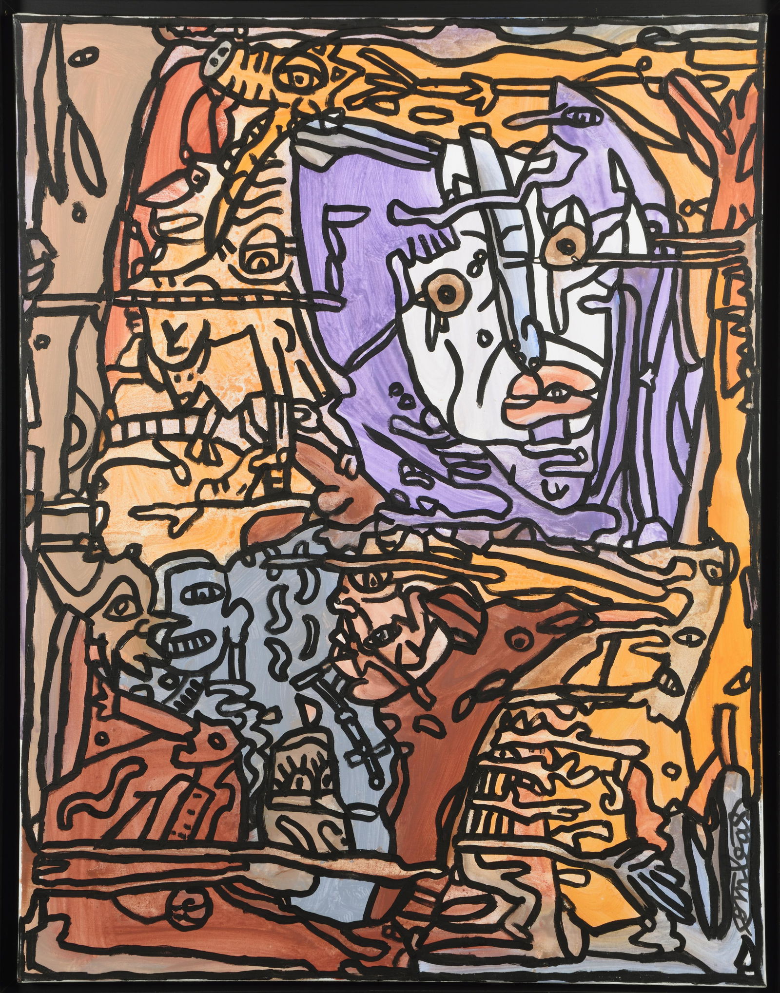 Robert COMBAS (born in 1957): Robert COMBAS (born in 1957) Bonne vibration. Improvisation multiple en multitude laissant apparaÃ®tre en majoritÃ© un grand portrait violet assez habitÃ©. Dans les coins et les formes s'agite t