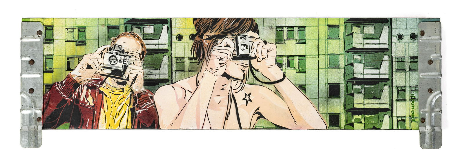 JANA & JS (German, born in 1985 et French, born in 1981): JANA & JS (German, born in 1985 French, born in 1981) Auto-portraits, 2010 Spray paint and stencil on wood, signed lower right, titled, dated and signed on the reverse 19,5 x 74,5 cm - 7.5 x 29.1 in