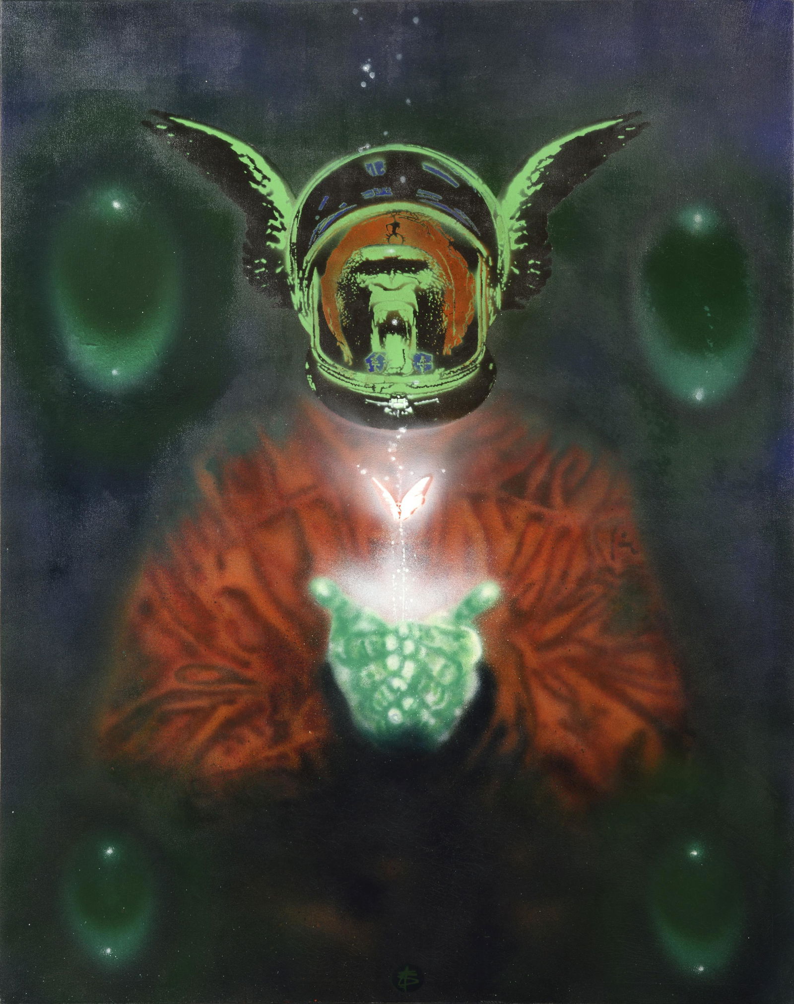 Nick WALKER (English, born in 1969): Nick WALKER (English, born in 1969) Apish Angel - Angel and the Butterfly, 2000 Spray paint and stencil on canvas, signed with the artist's logogram lower center 152 x 120,5 cm - 59.8 x 47.4 in Proven