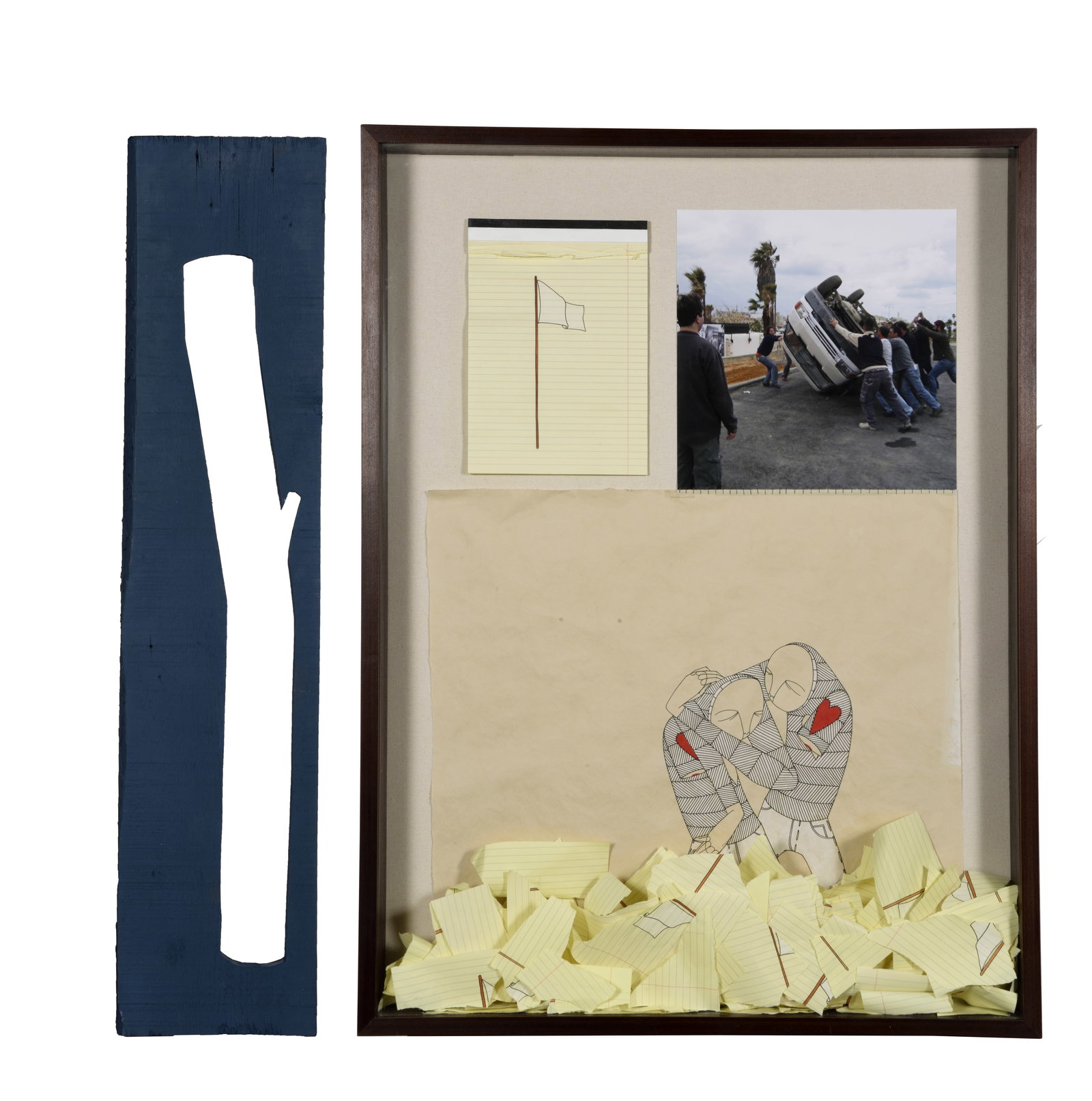 KNOW HOPE (Américain, né en 1986): KNOW HOPE (Américain, né en 1986)Different Loyalties, 2015 - DyptiqueDyptique, Bois découpé et technique mixte, papier, photo et collage dans une boite en bois sous verre, daté et signée au dos