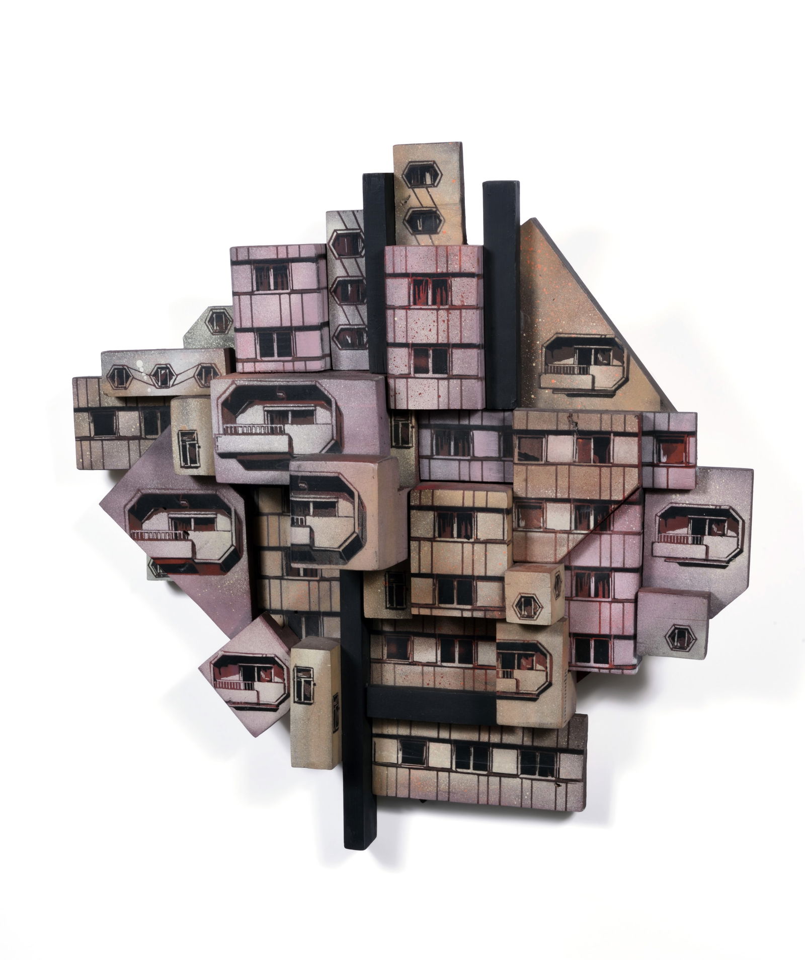 JANA & JS (Autrichienne, née en 1985 et Français, né en 1981): JANA & JS (Autrichienne, née en 1985 et Français, né en 1981)Reconstitution de façade nº40, 2011Peinture aérosol et pochoir sur panneau de bois assemblés, signe? en bas a? droite, titre?, date?