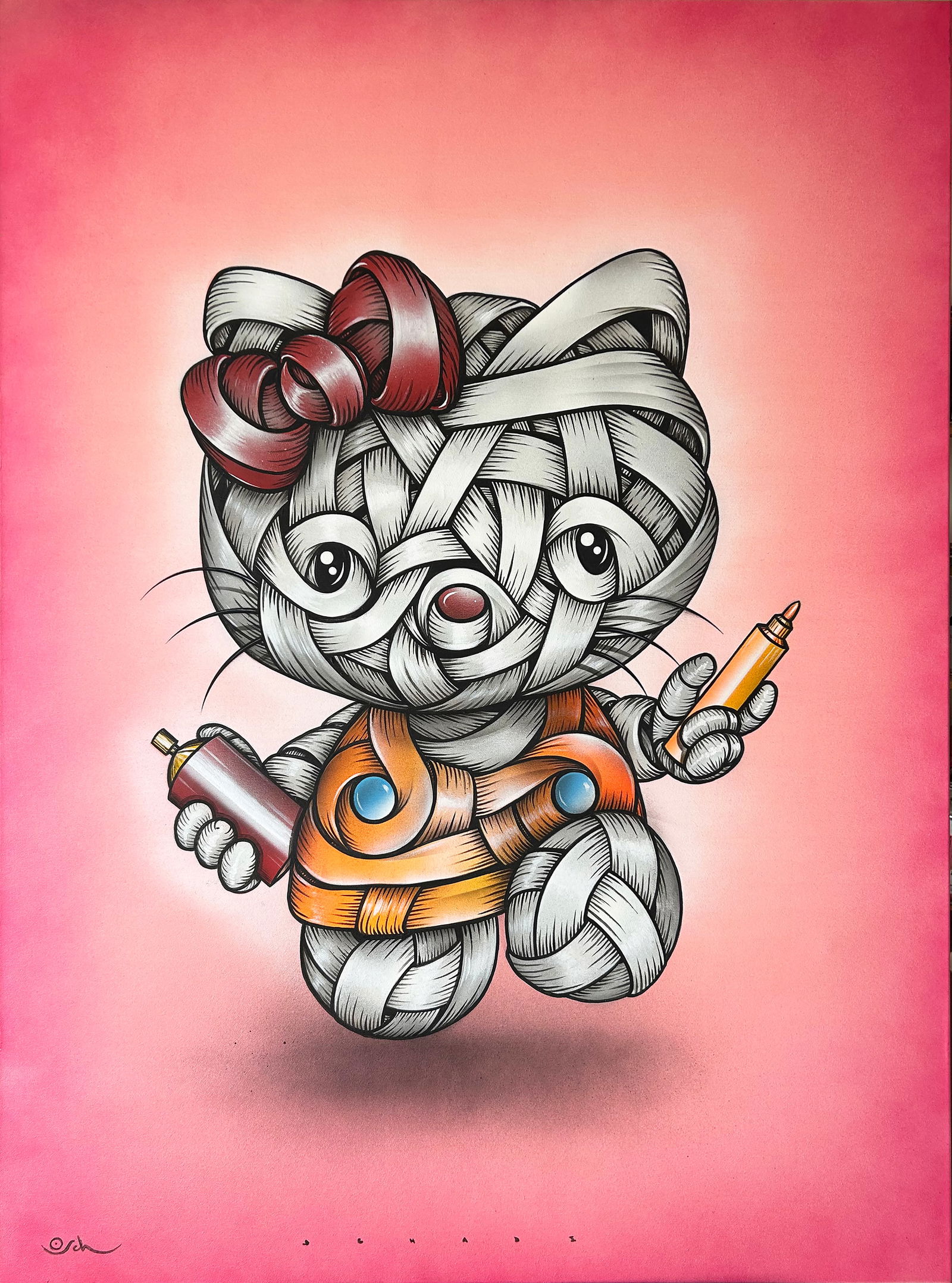 OSCH (OTTO SCHADE) (Chilien, né en 1971): OSCH (OTTO SCHADE) (Chilien, né en 1971)Hello Kitty, 2021Technique mixte, peinture aérosol et pochoir sur toile, signée en bas à gauche et au centreMixed media, spray paint and stencil on canvas,