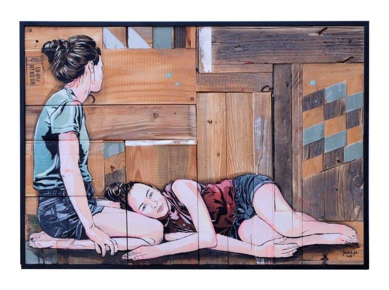 JANA & JS (Allemande, née en 1985 et Français, né en: Sans titre, 2016 Acrylique, pochoir et peinture aérosol sur assemblage de bois, signé au dos Acrylic, stencil and spray paint on wood, signed verso 51 x 73 cm – 20 x 28.7 in