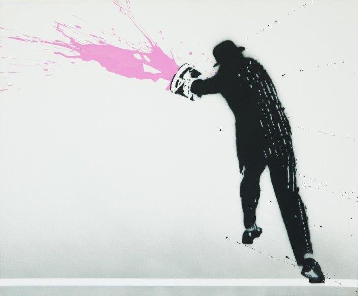 NICK WALKER (Britannique, né en 1969): Paint Chucker, 2008 Peinture aérosol et pochoir sur toile, datée, numérotée 5/5 et signée au verso, contresignée du sigle de l’artiste sur le coté droit Spray paint and stencil on canvas. Sig