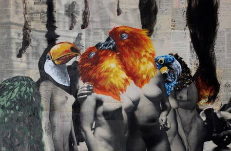 VINZ FEEL FREE (Espagnol, né en 1979): Paris brûle-t-il ?, 2016 Technique mixte sur journaux et lettres marouflées sur bois, daté et signé en bas à droite, tampon de l’artiste au dos Enamel and ink over newspapers and letters mounte
