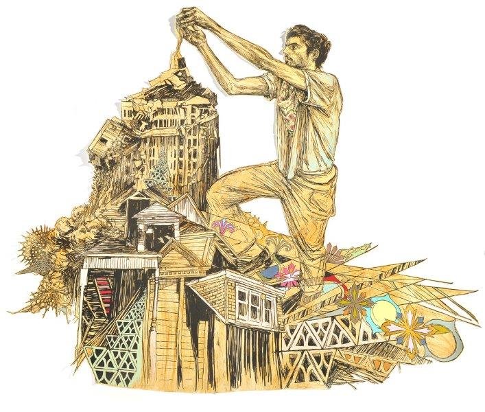 SWOON (Américaine, née en 1977): Ben, 2012 Gravure originale sur linoleum imprimée sur mylar et peinte a? la main, variante unique Hand coloured original linocut pasted 274 x 300 cm – 107.8 x 121.6 in Exposition : Musée de la pos