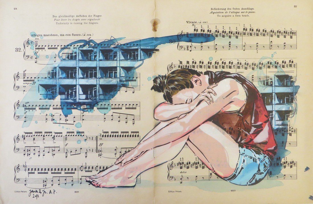 JANA & JS (Allemande, ne en 1985 et Franais, n en: JANA & JS (Allemande, ne en 1985 et Franais, n en 1981) Something good made me forget Pochoir,encre, aquarelle, et peinture arosol sur une partition de musique numrot AP et sign en bas gauche 30, 5 x