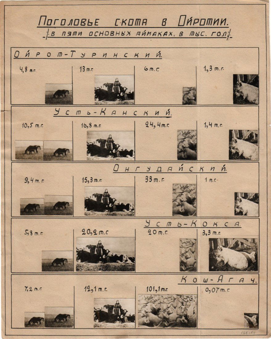MIKHAIL GRACHEV 1913-2003: MIKHAIL GRACHEV 1913-2003 Pogolove Skota (Nombre de bétail par région), Photo-collage, ca. 1930. 23 tirages argentiques d'époque montés sur une feuille, texte manuscrit, signé au crayon en cyrill
