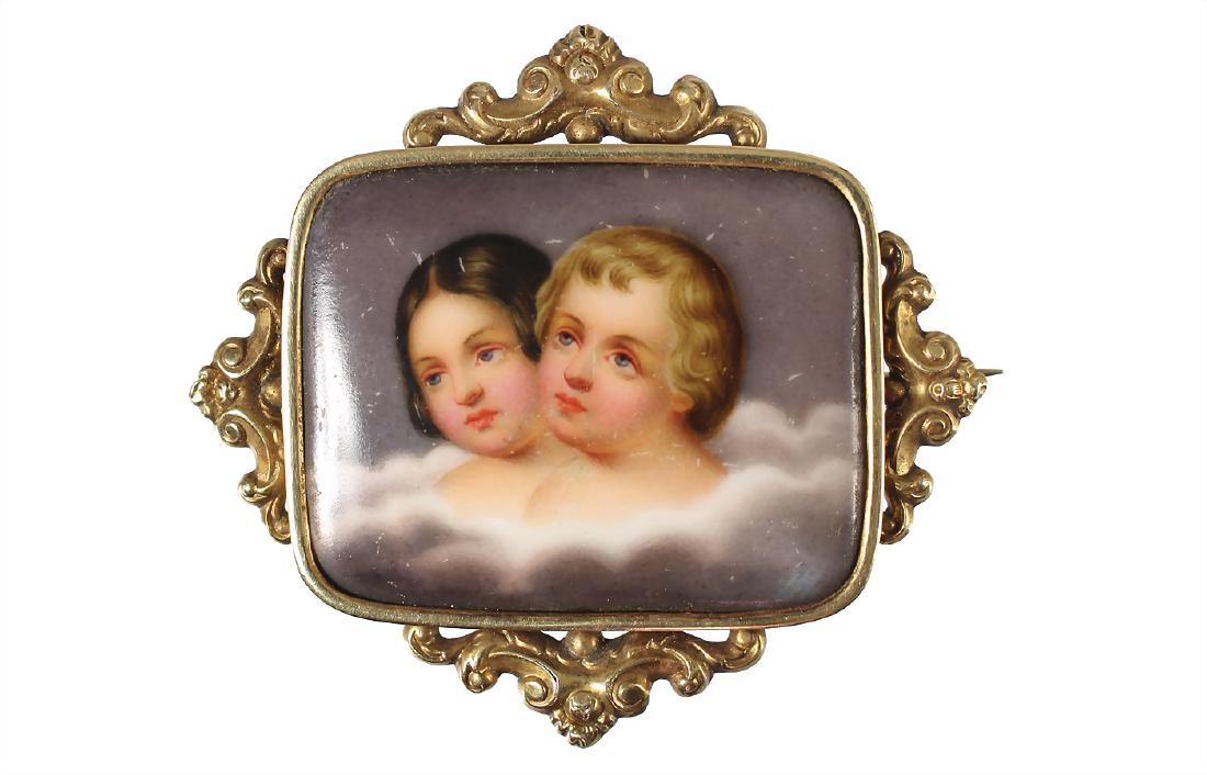 Brosche um 1840/60, GG 585/000, Porzellan fein bemalt, (1 of 1)