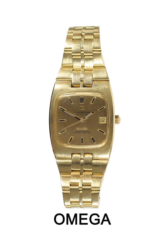 men's watch "VINTAGE", Switzerland 1960s/'70s,"OMEGA": men's watch "VINTAGE", Switzerland 1960s/'70s,"OMEGA" Constellation, chronometer, automatic, 750/000 solid gold, centre second, applied stick index, date on 3 'o clock, plastic glass, Kal. 1011, massi