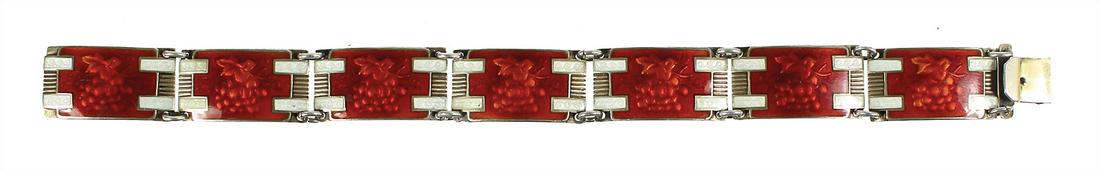 bracelet, 1950s, silver 925/000, signed: 925S TYA,: bracelet, 1950s, silver 925/000, signed: 925S TYA, (Andresen & Scheinpflug), designer: Jens Ingwald Andresen, translucent enamel with fruit and sheet, below box clasp, width = 13.0 mm, lenght = c.