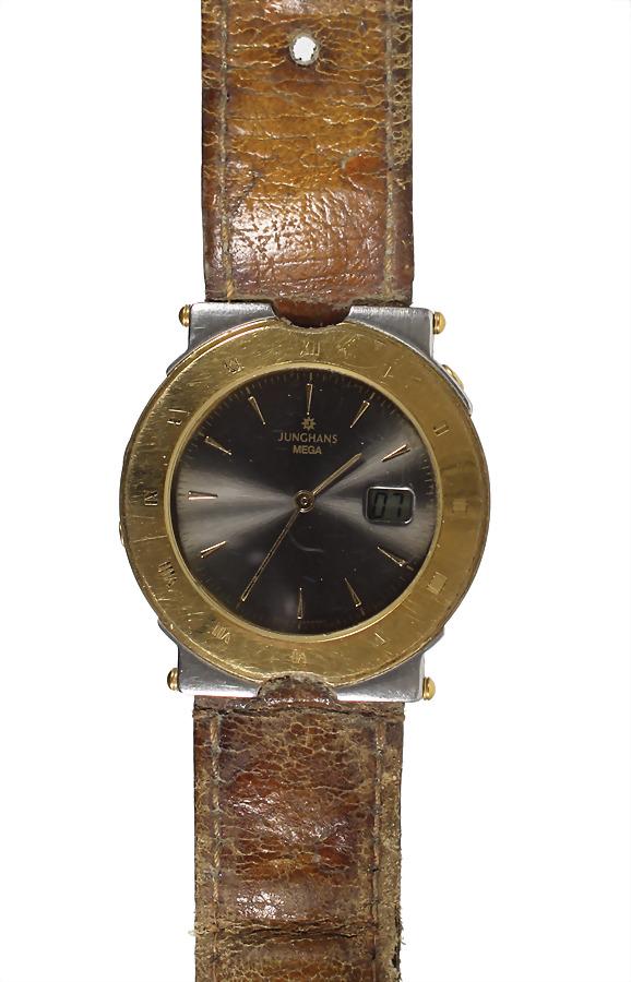 men's watch, "JUNGHANS" MEGA, steel/gold, digital: men's watch, "JUNGHANS" MEGA, steel/gold, digital second on 3 o' clock, diameter = 35 mm, snap off case back, leather watchstrap with Junghans buckle, unchecked ! German Description Herren-Armbanduhr,