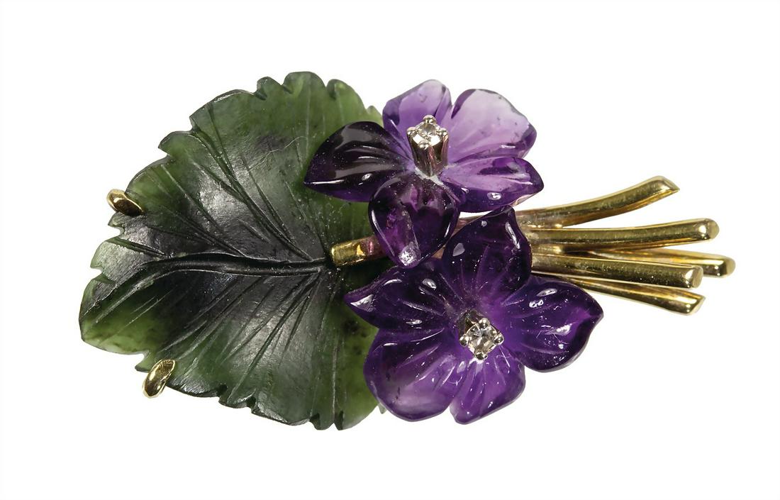 brooch flowers, yellow gold 585/000, 2 amethyst flowers (1 of 1)