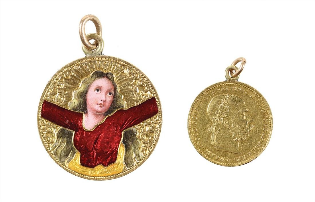 pendant, art nouveau around 1900, gold coin 20 crowns, (1 of 2)