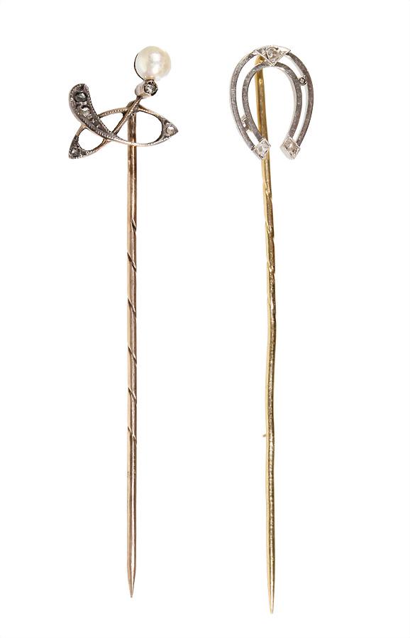 2 tiepins, 1 pin, art nouveau around 19000, yellow gold (1 of 1)