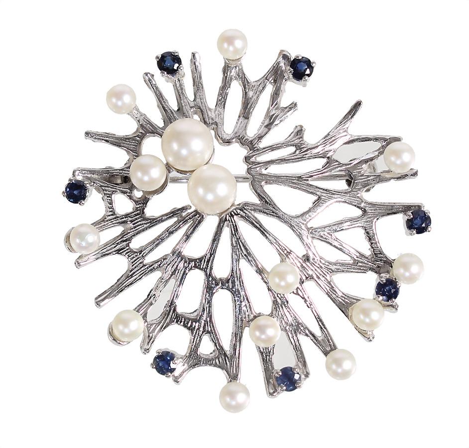 brooch VINTAGE 1960/'70s, white gold 585/000, signed ROXI, 14 akoya pearls, 7 sapphires (faceted), (1 of 1)