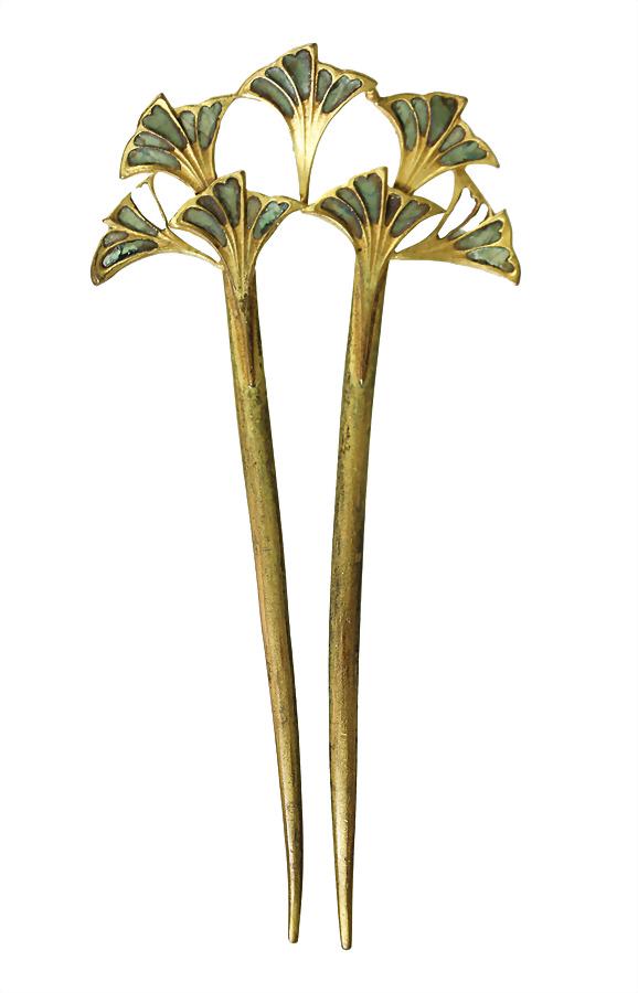 hairpin/decoration for head, art nouveau around 1900, metal with rests of old gilding, stylized (1 of 1)