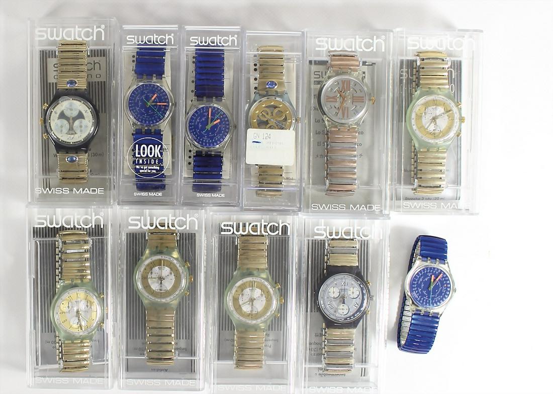 lot: 11 Swatch clocks, quartz, 6 of it are chronographs, (30 m waterproof), clock quartz, all: lot: 11 Swatch clocks, quartz, 6 of it are chronographs, (30 m waterproof), clock quartz, all with pull cord, 10 with original caskets, unworn, unchecked ! German Description Lot: 11 Swatchuhren