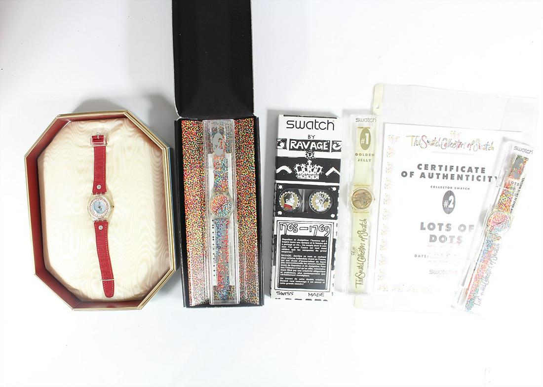lot: 6 Swatch clocks, quartz, 1 self-winding, 2 LOTS OF DOTS, Napoleon & Josephine, GOLDEN: lot: 6 Swatch clocks, quartz, 1 self-winding, 2 LOTS OF DOTS, Napoleon & Josephine, GOLDEN JELLY?., with 6 original caskets, unworn, unchecked ! German Description Lot: 6 Swatchuhren, Quarz, 1 Aut
