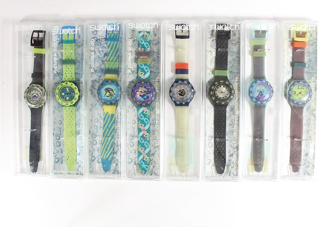 lot: 8 Swatch clocks, quartz, SCUBA/SCUBA 200, (200 m waterproof), and others BOMBOLA, BERMUDA: lot: 8 Swatch clocks, quartz, SCUBA/SCUBA 200, (200 m waterproof), and others BOMBOLA, BERMUDA TRIANGLE, BORA BORA, BLACK WAVE, SILVER TRACE, SWORD FISH, SAILERS JOY MEERJUNGFRAU, SPRAY UP, with origi