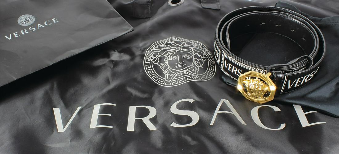lot: VERSACE, 1 belt, calf leather, gold colored octagonal clasp, lenght = 110 cm, with dust bag,1 (1 of 2)
