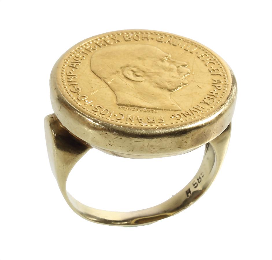 coin ring, yellow gold 585/000, gold coin, Austria 10 Kronen (yellow gold 900/000), ring width c. (1 of 2)