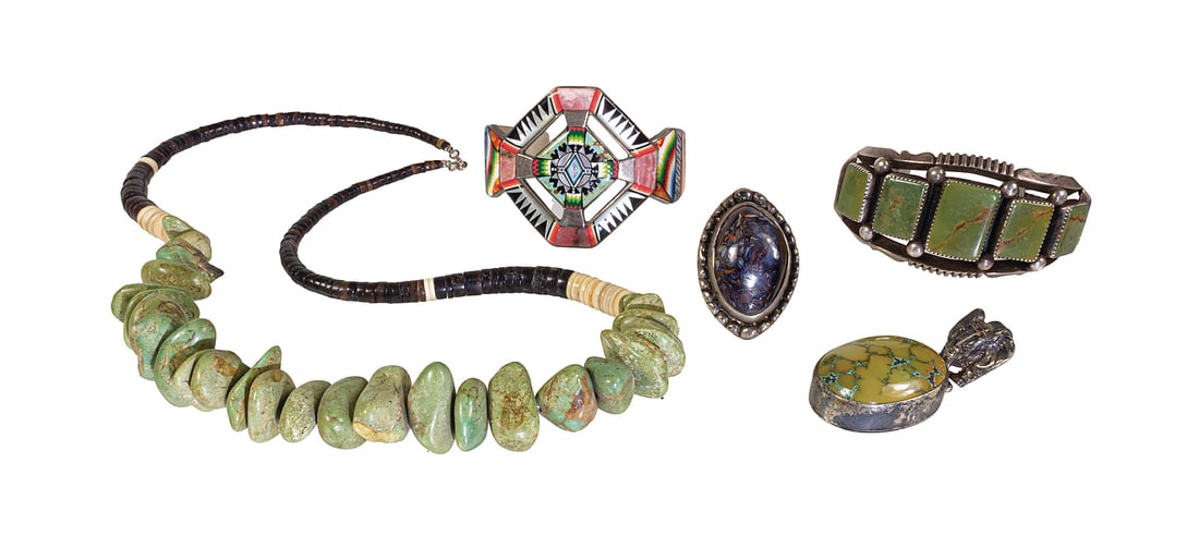 lot: 5 pieces, among others native America/Navajo, silver, jewelry set with turquoises, 1 bangle, (1 of 2)