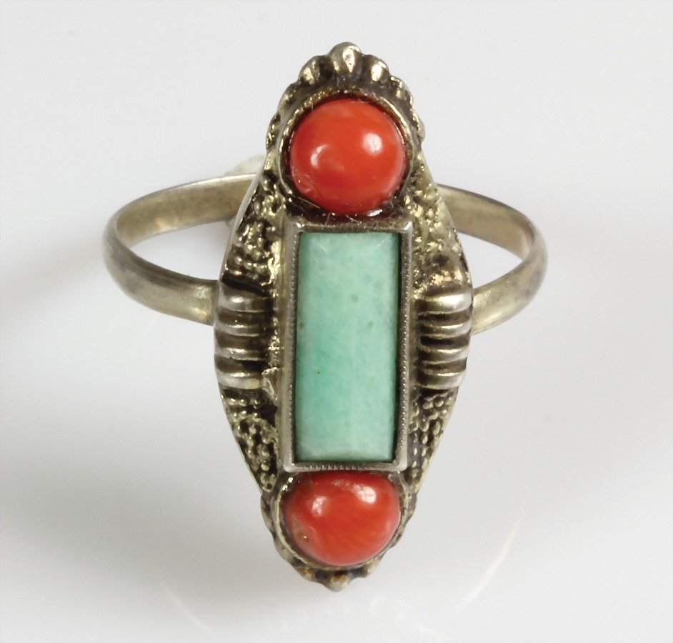 Ring ART-DECO um 1920/30, Silber, 2 Korallen, Amazonit (1 of 1)