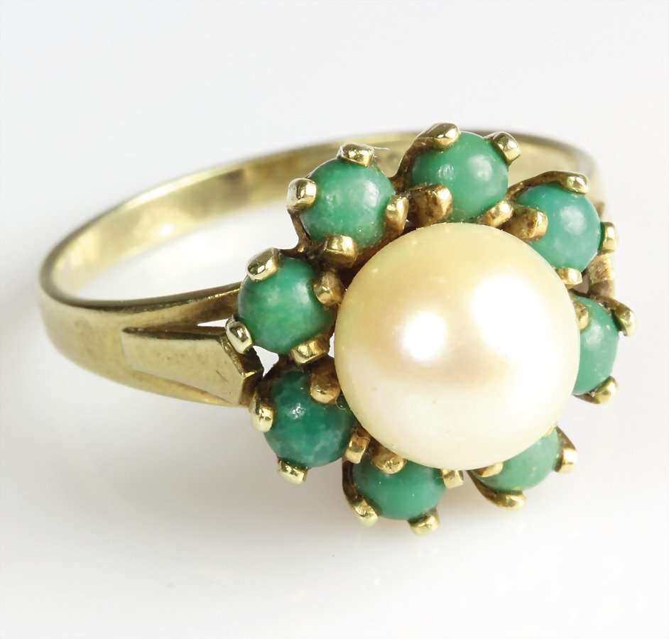 Ring, GG 585/000, Akoja-Perle D = 7,5 mm, Kranz mit (1 of 1)