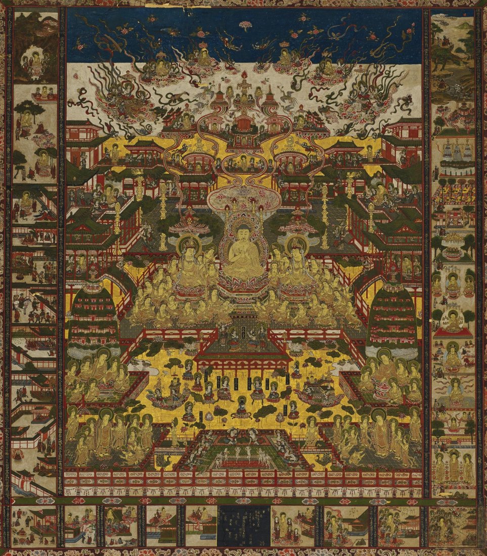 Painting of the Taima Mandala: PAINTING OF THE TAIMA MANDALA. Origin: Japan. Dynasty: Edo period (1603-1868). Technique: Ink, colors and gold on paper. Very fine and detailed painting. Mounted with Japanese brocades (kinran) as s