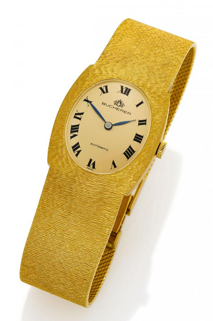 Men: BUCHERERMen's Watch. Origin: Switzerland. Date: 1970s. Clockwork: Automatik. Case/Wristband: 750/- yellow gold, integrated 750/- yellow gold milanaise band with deployant clasp, d