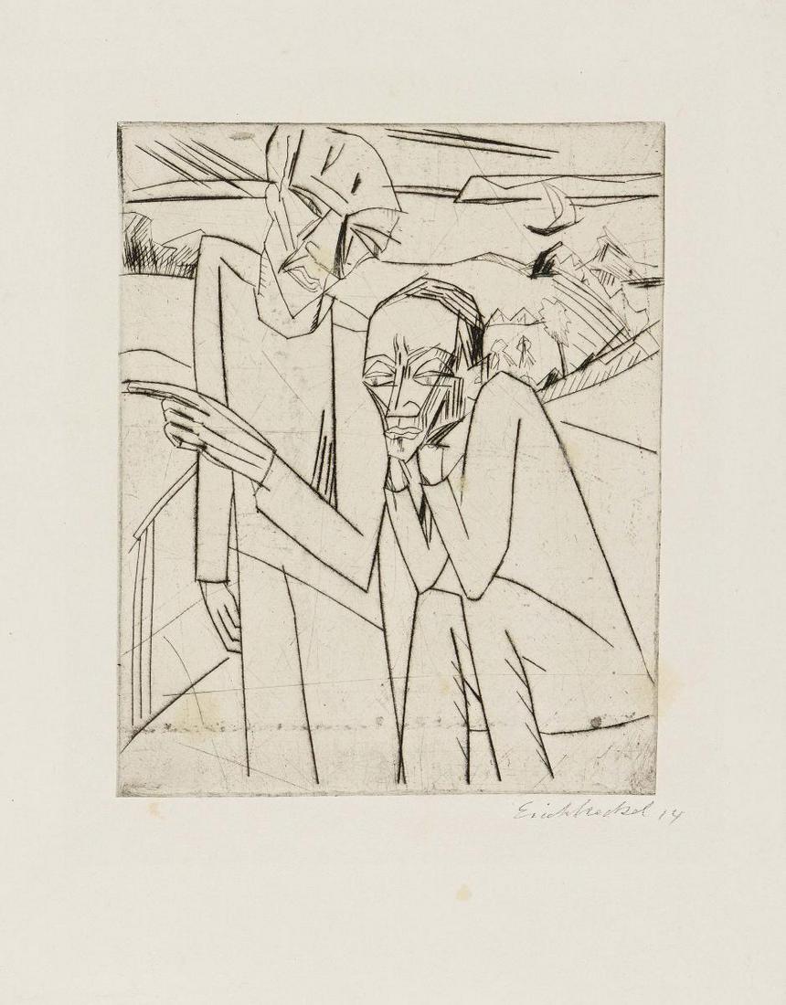 Erich Heckel | Der Versucher: HECKEL, ERICH1883 Döbeln - 1970 RadolfzellTitle: Der Versucher. Date: 1914. Technique: Drypoint etching on laid paper. Depiction Size: 24,5 x 20cm. Sheet Size: 3