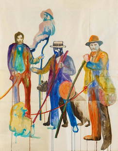 Ulla von Brandenburg | Männer mit Affen und Bä: BRANDENBURG, ULLA VON1974 KarlsruheTitle: Männer mit Affen und Bär. Date: 2015. Technique: Watercolour on old maps, collaged. Measurement: 140 x 110cm. Notation: Sign