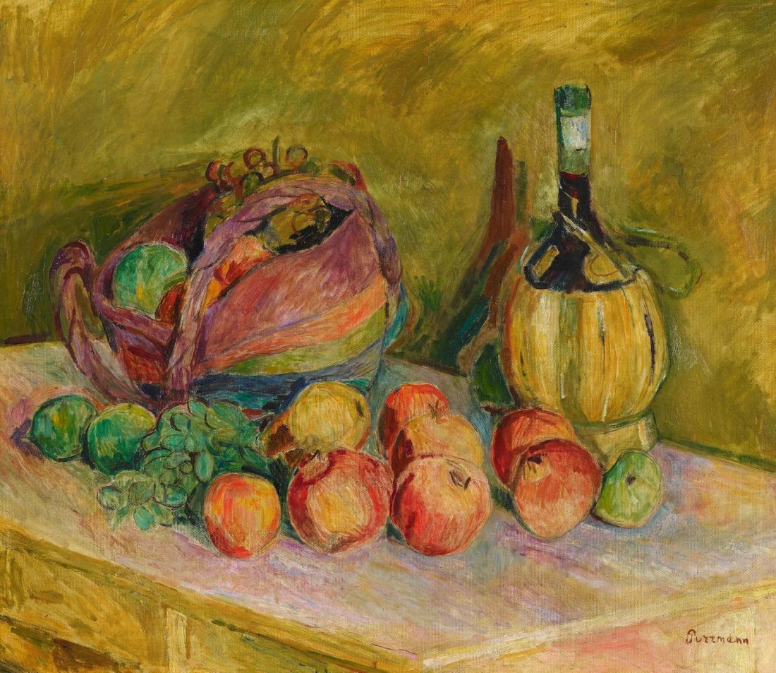 Hans Purrmann | Obststillleben mit Chiantiflasche: PURRMANN, HANS 1880 Speyer - 1966 Basel Title: Obststillleben mit Chiantiflasche. Date: 1925. Technique: Oil on canvas. Size: 60,5 x 72,5cm. Notation: Signed lower right: