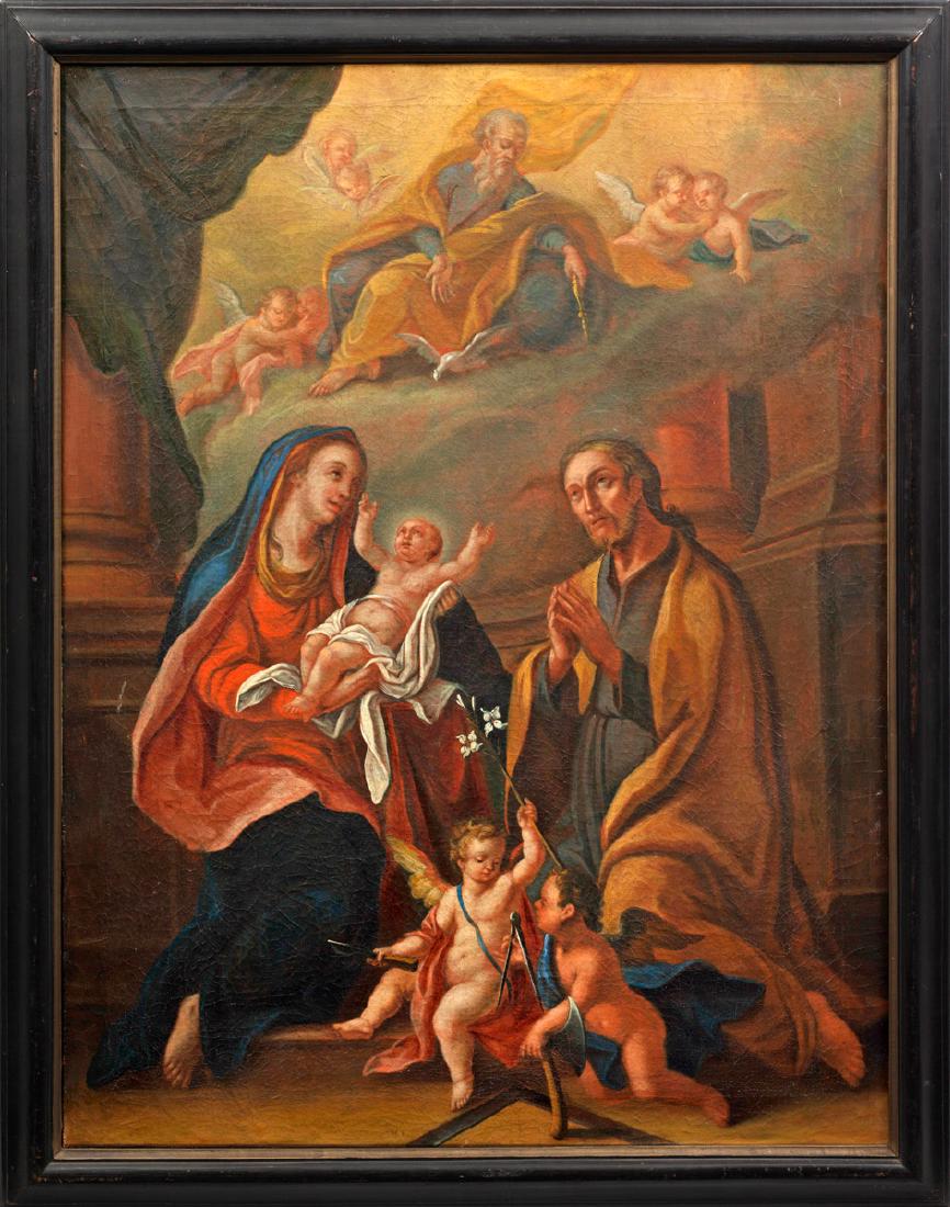 Paul Troger: (1698 Welsberg - 1762 Wien) attr.; Hl. Familie mit Engeln und Gottvater Öl/Lwd., doubl.; Verso von fremder Hand bez.; 115,5 cm x 90,5 cm. Rahmen. Oil on canvas. Inscribed on the reverse.