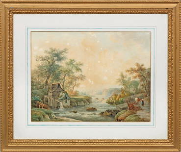 Willem de Klerk: (1800 Dordrecht - 1876 ebenda) Flusslandschaft mit Wassermühle Fein malerisch ausgeführtes, sehr stimmungsvolles Werk des Künstlers mit meisterhafter Darstellung der Atmosphäre und des Lichts. De