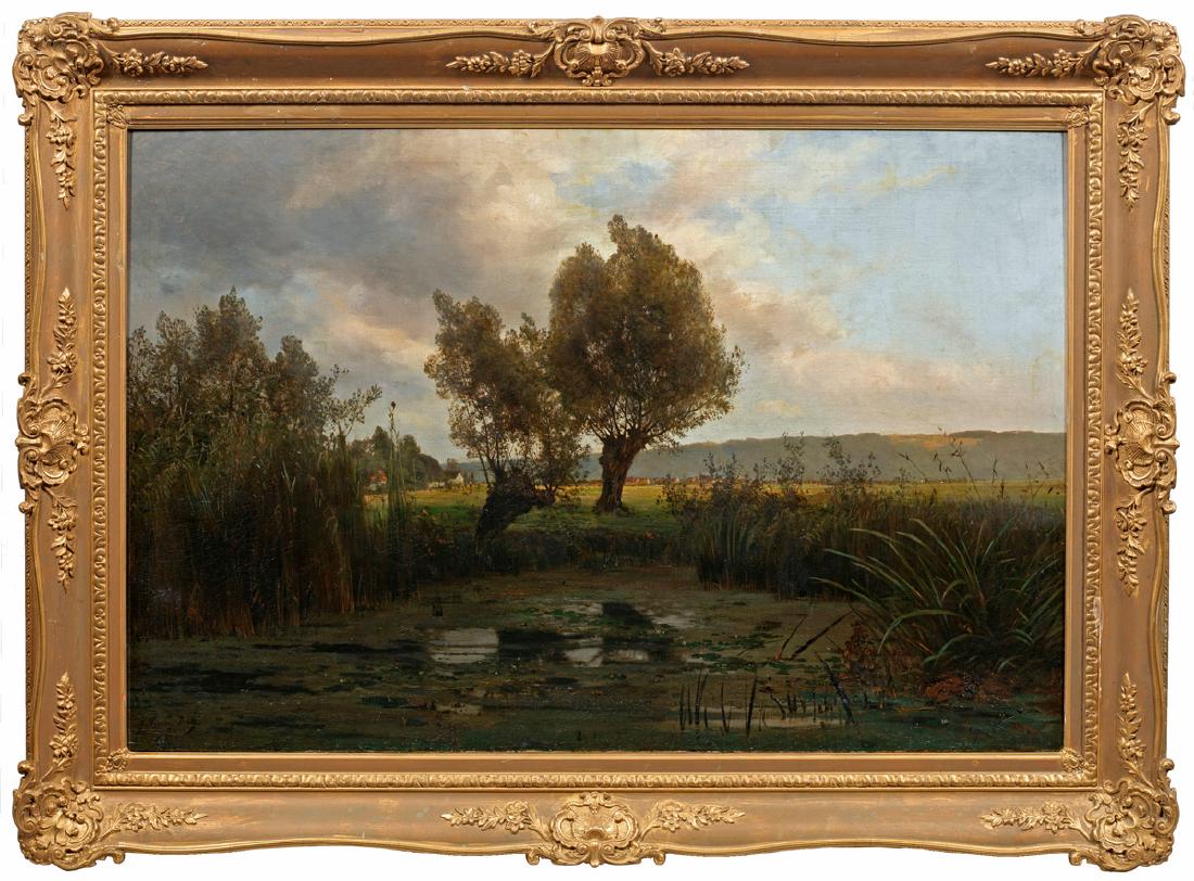 Johannes Hermes: (1842 Berlin - 1901 Wiesbaden) "Weiden am Schilfteiche". Originaltitel Atmosphärisch gestimmte Landschaftsimpression Hermes´, der in Düsseldorf bei Oswald Achenbach studierte und nach seiner Rückk