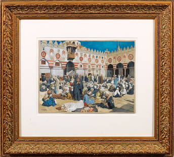 Ludwig Deutsch: (1855 Wien - 1935 ebenda) Innenhof der Universität El Azhar in Kairo Fein gemalte, vielfigurige Szene mit Studenten der bedeutenden theologischen Schule als Studie für das monumentale 164 cm x 230 c