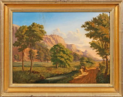 Johann Wilhelm Schirmer: (1807 Jülich - 1863 Karlsruhe) attr.; Romantische Landschaft Öl/Eichenholztafel. 25 cm x 34,5 cm. Rahmen. Provenienz: aus dem Nachlass von Dr. Hermann Jedding, Hamburg. Oil on oak panel.