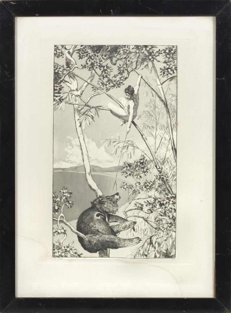 Max Klinger: (1857 Leipzig - 1920 Großjena / Naumburg) "Bär und Elfe" Originaltitel Radierung mit Aquatinta/China, aufgewalzt auf Kupferdruckkarton, 1880. In der Platte sign. u. dat.; Blatt 1 der Folge "
