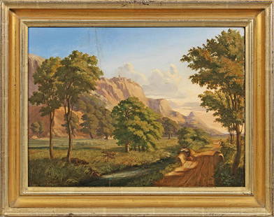 Johann Wilhelm Schirmer: (1807 Jülich - 1863 Karlsruhe) attr.; Romantische Landschaft Öl/Eichenholztafel. 25 cm x 34,5 cm. Rahmen. Provenienz: Aus dem Nachlass von Dr. Hermann Jedding, Hamburg. Oil on oak panel.