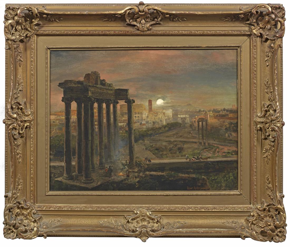 Oswald Achenbach: (1827 Düsseldorf - 1905 ebenda) Ansicht von Rom mit dem Forum Romanum im Mondschein Szene an der Ruine des Saturntempels mit rastenden Figuren an einem Lagerfeuer, im Hintergrund weiter Panorama-