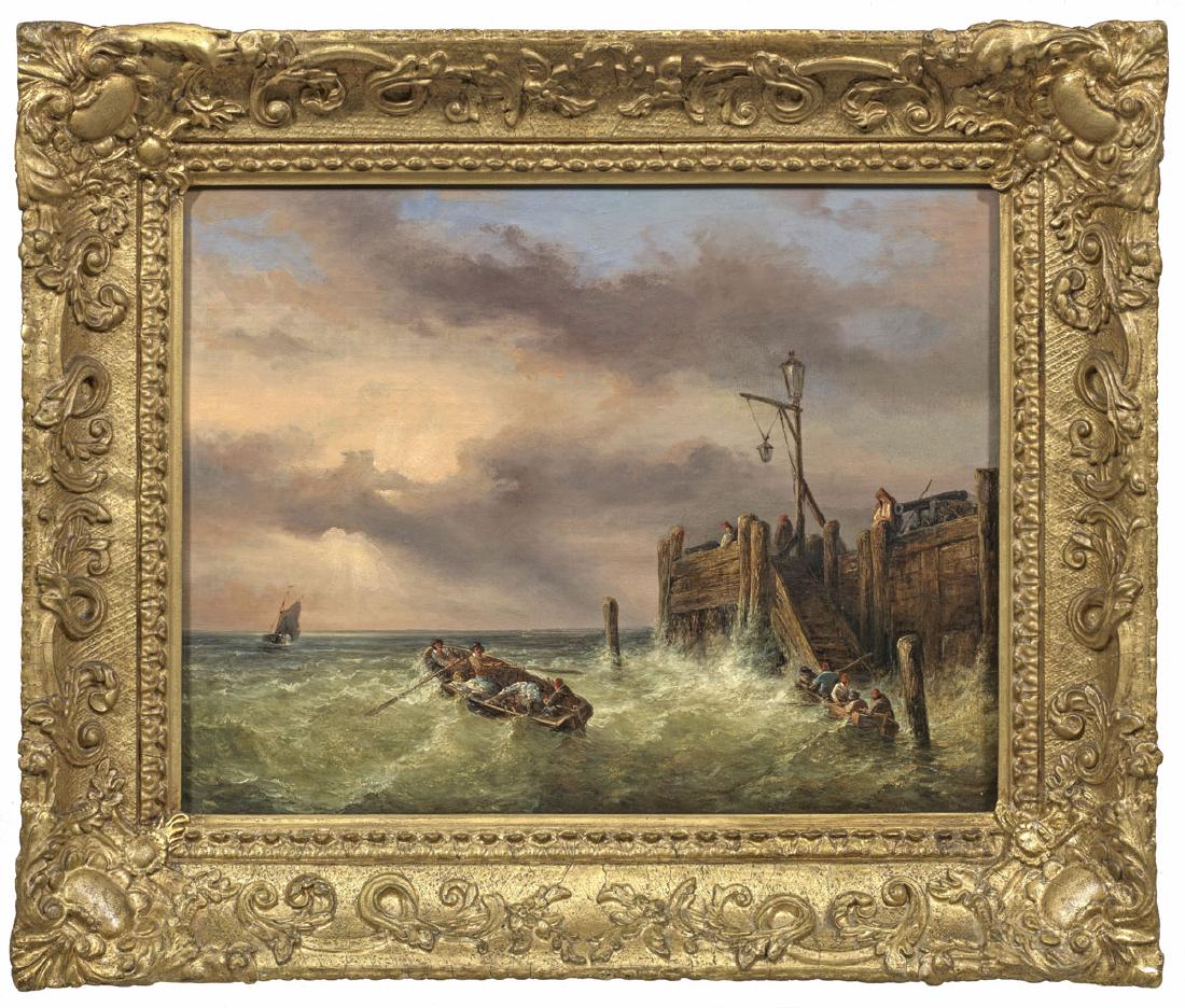 Pompeo Pozzi: (1817 - 1888. War ansässig in Mailand) Ruderboote mit Fischern in der Brandung vor einem Kai In der Wiedergabe des Atmosphärischen und des Meeres virtuos gemaltes Werk des Künstlers, de