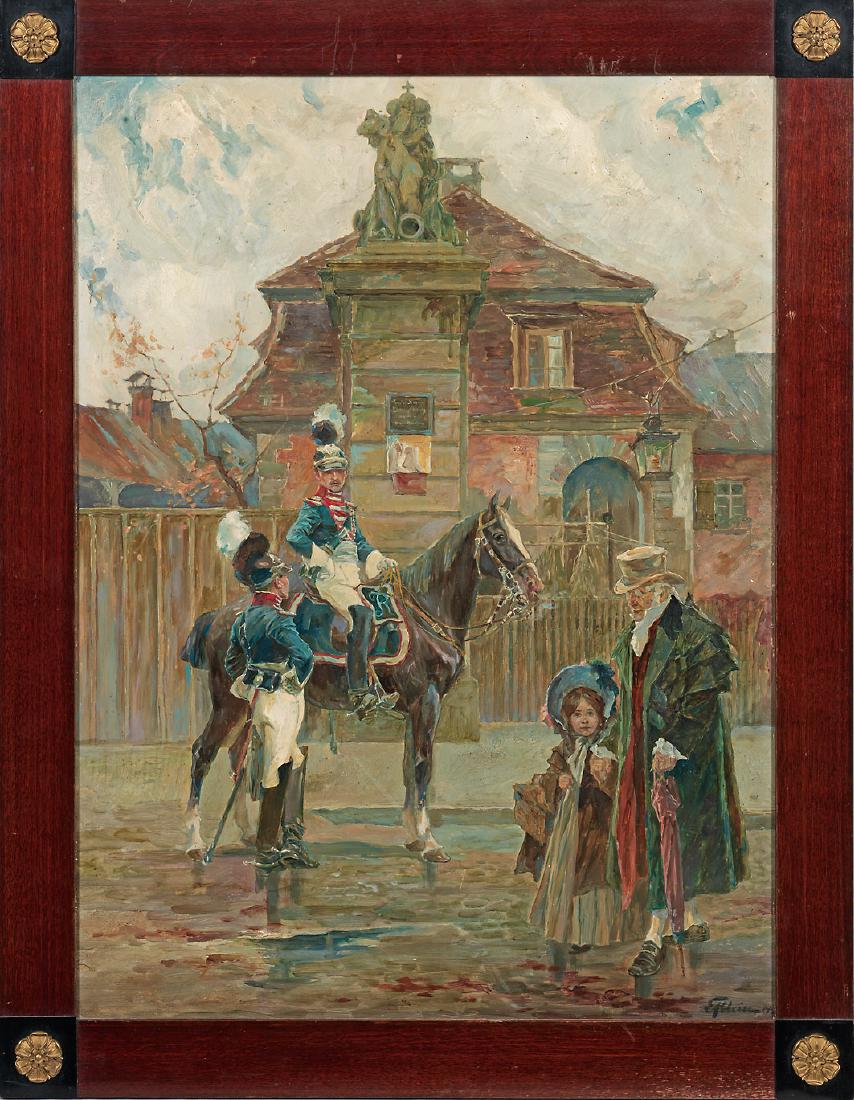 Emil Klein: (1865 Indianapolis - 1953 Stuttgart) Biedermeierliche Straßenszene mit Offizier zu Pferde Mit lockerem, impressivem, weich-pastosem Duktus gemalte Darstellung. Seltenes Gemälde des deutsch-a