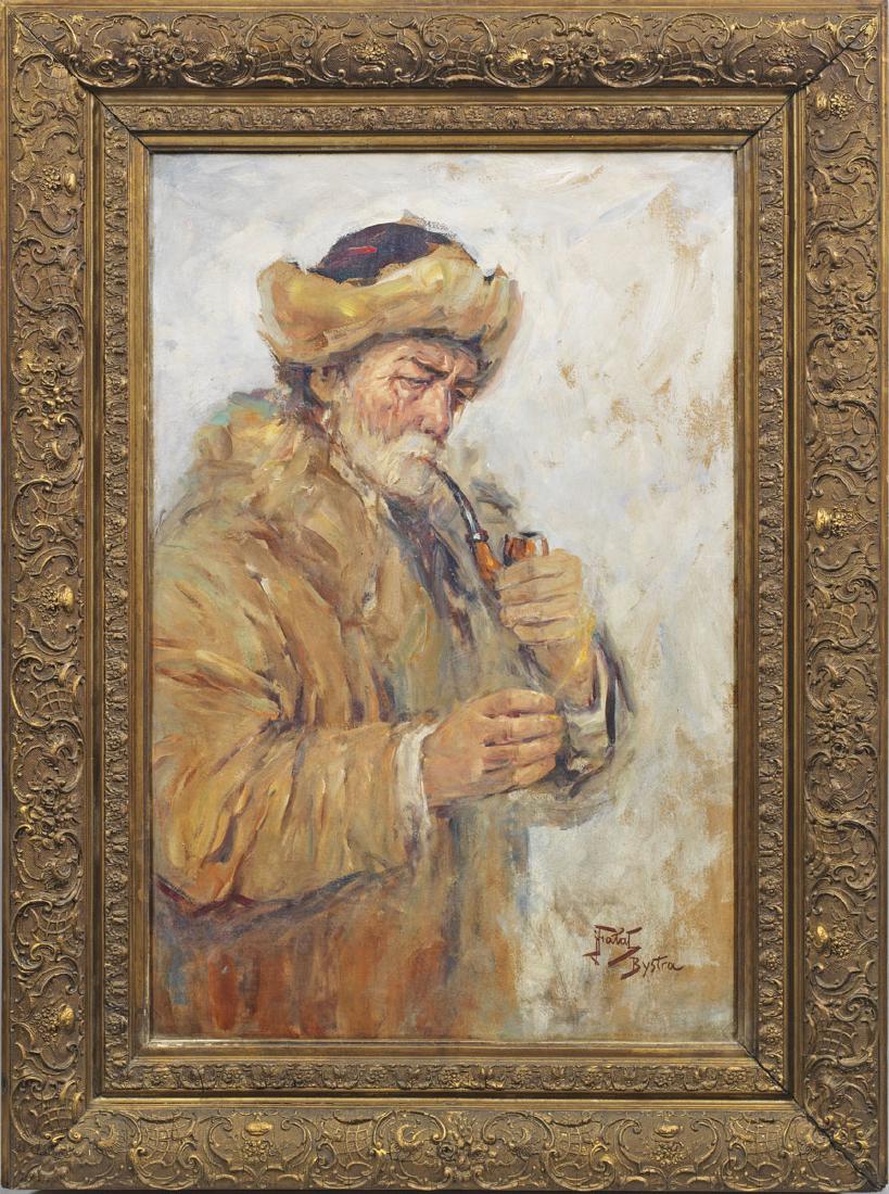 Julian Falat: (1853 Tuliglowy bei Lemberg - 1929 Bystra bei Bielsko-Biala) Porträt eines Pfeife rauchenden Bauern mit Fellmütze Halbfiguriges, mit lockerem Duktus gemaltes, impressionistisches Bildnis ein