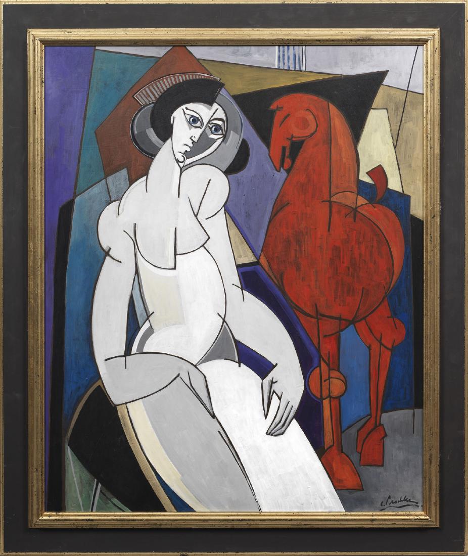Christian Peschke: (1946 Säckingen - 2017 Flintsbach) Weiblicher Akt mit rotem Pferd Kubistische Darstellung, die in Motiv und Stil durch die Kunst der klassischen Moderne - u. a. Franz Marc, Pablo Picasso, Alexand